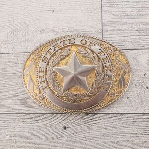 Vintage Tony Lama State of Texas 24K Gold Plated Oval Western Metal Belt Buckle